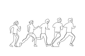 Fototapeta na wymiar athlete people race run together sport activity full body length one line art design vector