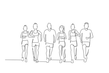 athlete people race run together sport activity full body length one line art design vector