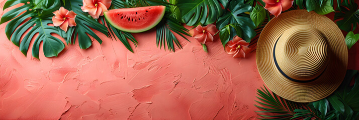Summer tropical background with palm leaves, watermelon and straw hat on pink background. Banner, copy space