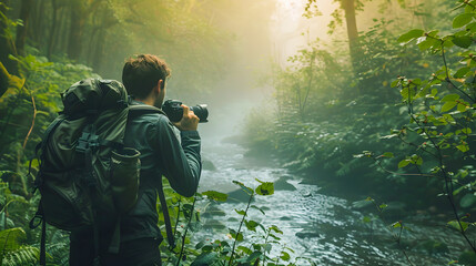 Photographer Capturing Jungle Streams Mystical Beauty at Dawn - obrazy, fototapety, plakaty