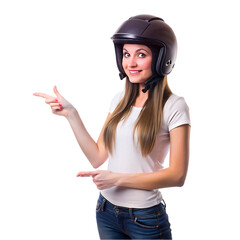 woman posing with protection helmet on head.