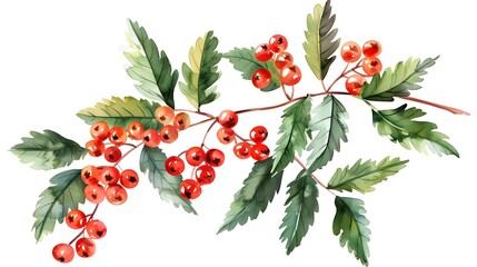 Watercolour branch of rowan leaves berries branch isolated illustration on white background Hand painted Christmas clip art for design or printWatercolour branch of rowan leaves berries branch isolate - obrazy, fototapety, plakaty