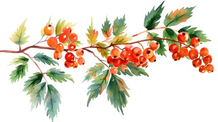 Watercolour branch of rowan leaves berries branch isolated illustration on white background Hand painted Christmas clip art for design or printWatercolour branch of rowan leaves berries branch isolate