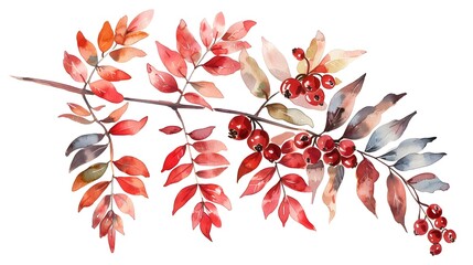 Watercolour branch of rowan leaves berries branch isolated illustration on white background Hand painted Christmas clip art for design or printWatercolour branch of rowan leaves berries branch isolate - obrazy, fototapety, plakaty