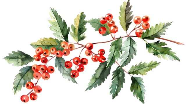 Watercolour branch of rowan leaves berries branch isolated illustration on white background Hand painted Christmas clip art for design or printWatercolour branch of rowan leaves berries branch isolate
