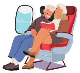 Senior Couple Characters Nestled Together On Plane, Finds Comfort With Soft Neck Pillows Cradling Their Heads