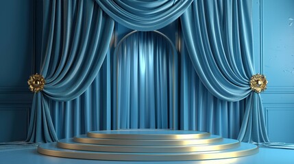 Abstract luxury elegant blue podium stage with fabric curtain background. Empty product stand on dark blue background. 3d rendering.