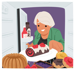 Old Female Character Taking Sweets From Refrigerator. Senior Woman Leans Into Her Fridge, Peering Behind Pastries