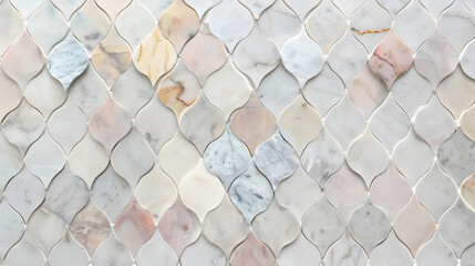 A wall with a pattern of white tiles that are in different shades of pink. The tiles are arranged...