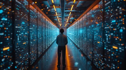 View of the back of a male specialist using his laptop in a big data center office. Concept of high speed data transfer, server transfer, science breakthrough, progress, and innovation.