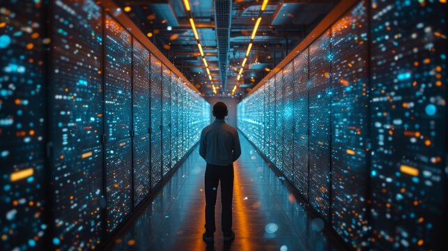 View of the back of a male specialist using his laptop in a big data center office. Concept of high speed data transfer, server transfer, science breakthrough, progress, and innovation.