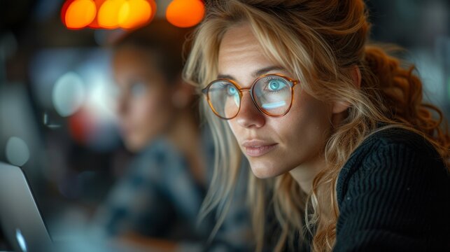 Stylish female engineer works on laptop computer during a conversation with electronics specialist and agrees with her. Office is modern, evening, and full of stylish colleagues.