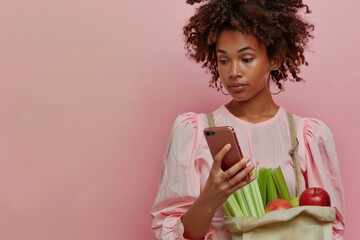 dark-skinned woman orders groceries online. celery, fruits, vegetables. eco bag. order via the Internet. delivery