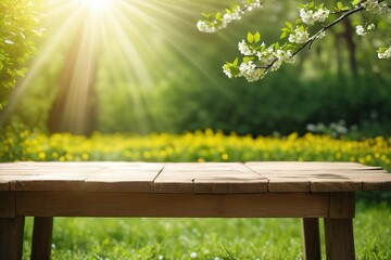 Naklejka premium Spring beautiful background with empty wooden table