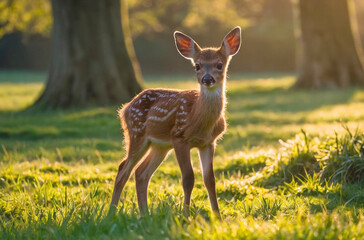 Naklejka na ściany i meble A fawn stands on a grassy field and looks at the camera. The sun shines brightly, bathing the stage in a warm light. Deer enjoying a sunny day