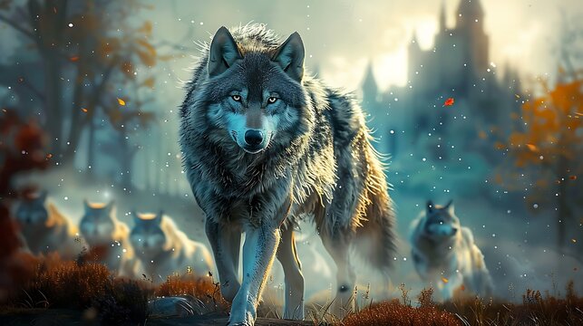  wolf pack running in the woods alpha walking in the fantasy nature background AI generated