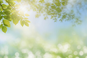 Spring or summer season abstract nature background with tree leaves and blue sky at back front and light blue blurred background in subtle bokeh at back - Powered by Adobe