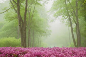 Pink flowers and abstract summer green blurred background of nature, forest and trees, space for copy text
