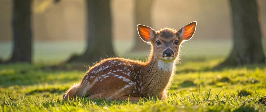 A fawn lies on a grassy field and looks at the camera. The sun shines brightly, bathing the stage in a warm light. Deer enjoying a sunny day
