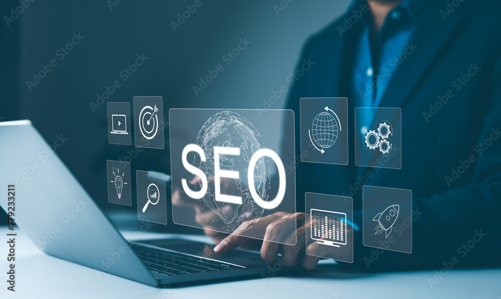 Aufkleber seo strategy tools and optimization concepts. marketer working on seo strategy with laptop and virtu