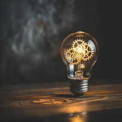 A light bulb with gears on it sits on a wooden table. The light bulb is lit up, and the gears are illuminated, creating a sense of movement and energy. Concept of innovation and progress - obrazy, fototapety, plakaty