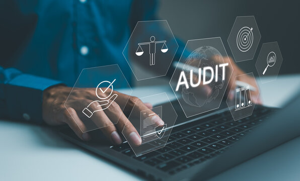 business audit concept. Professional conducting a business audit using laptop with virtual interface displaying audit, and compliance data analysis icons. Evaluation financial, standard certification,