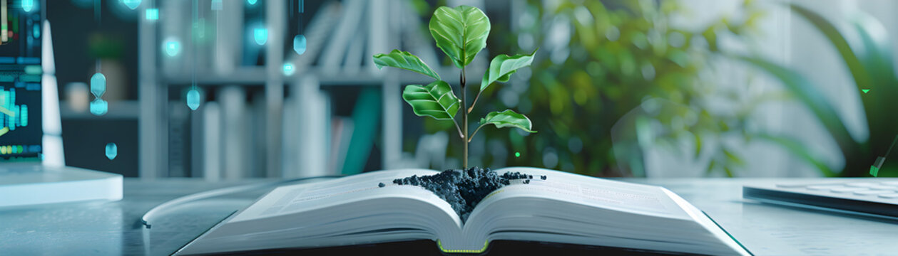 A plant is growing out of an open book. The plant is small and green, and it is growing out of the pages of the book. The scene is peaceful and calming