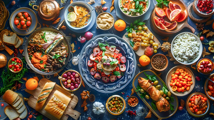 Colorful and Diverse Food Dishes in Fantasy Style - obrazy, fototapety, plakaty