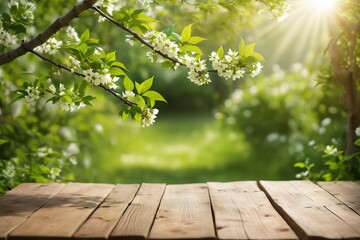 Naklejka na ściany i meble Spring beautiful background with empty wooden table
