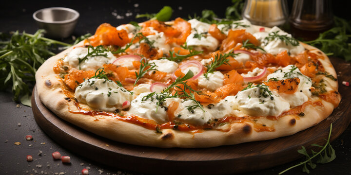 Top view of Philadelphia pizza with creamy sauce, mozzarella, salmon, cream cheese, and herbs, with copy space, dark concrete background Menu concept. Delicious tasty Italian food diet