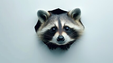 Cute raccoon peeks through the hole in the paper wall.