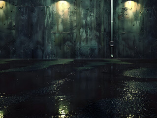 A dark room with a wet floor and a pipe. Scene is gloomy and mysterious