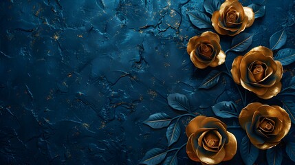 golden roses with dark blue leaves on textured dark background - valentine's day card design...