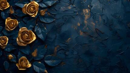 golden roses with dark blue leaves on textured dark background - valentine's day card design...