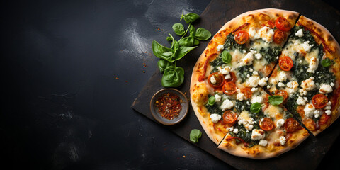 Top view of spinach and feta pizza with tomato sauce, mozzarella, spinach, feta, and garlic, with...