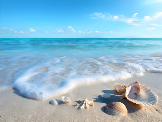 Fototapeta na wymiar A beach scene with a shell and a wave