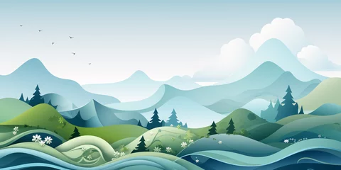 Fototapeten Cartoon illustration of summer landscape with fields and green hills © Irène