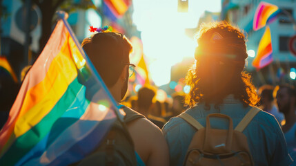 Back View: LGBT and Trans Flag Protest on Street
