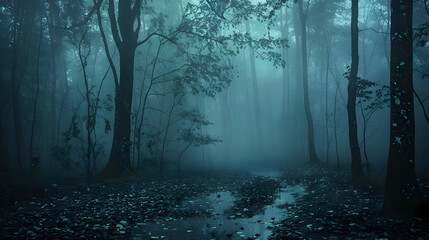 A forest with a stream of water running through it. The trees are dark and the sky is cloudy. Scene is eerie and mysterious