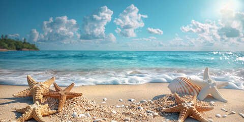 Fototapeta na wymiar Beautiful starfish and seashells on the beach, summer sea background