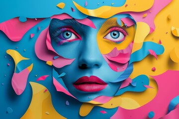 Surreal portrait of a female face with paper art elements in bold colors, blending reality and fantasy in a modern art style. Social media concept.