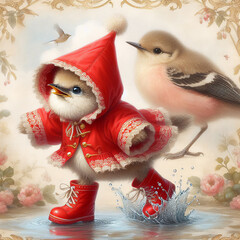 vintage greeting card style art adorable baby bird in red coat and boots splashes in a puddle