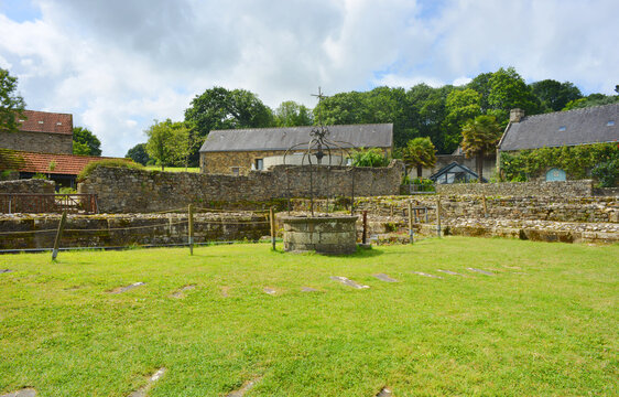 Landevennec, Bretagne, France, garden and some buildings at the ancient Abbey