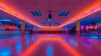 A bowling alley with neon lights and a sign that says "Let's go". The atmosphere is energetic and fun - Powered by Adobe