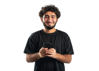 Smiling Young Man Texting on Phone