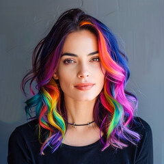 Woman with Vibrant Colorful Hair and Medium Length
