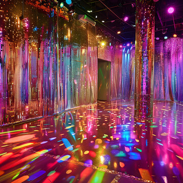 A brightly lit room with a colorful, swirling dance floor. The room is decorated with a lot of lights and has a very lively and energetic atmosphere
