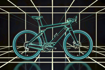 A futuristic neon blueprint of a cutting-edge eBike glowing sharply with colored lights, highlighting its high-tech design.