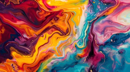 Foto op Plexiglas A colorful painting with a lot of swirls and splatters. The colors are bright and vibrant, creating a sense of energy and movement. The painting seems to be abstract, with no clear subject or form © tracy