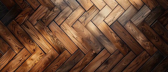 A wooden floor with a chevron pattern. The floor is made of wood and has a warm, natural feel - obrazy, fototapety, plakaty